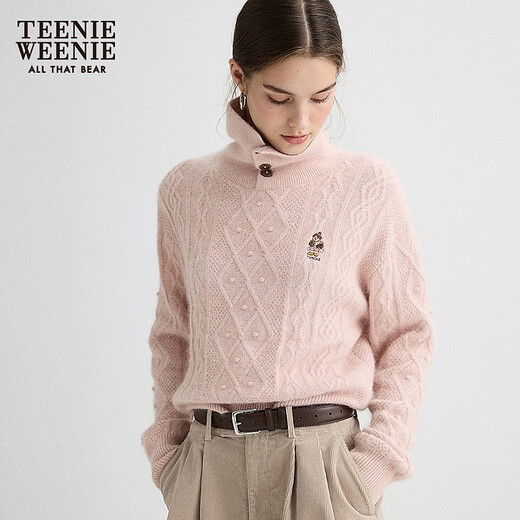 Teenie Weenie contains rabbit fur + wool bear girl retro cable knit sweater 25 autumn new sweater pink S