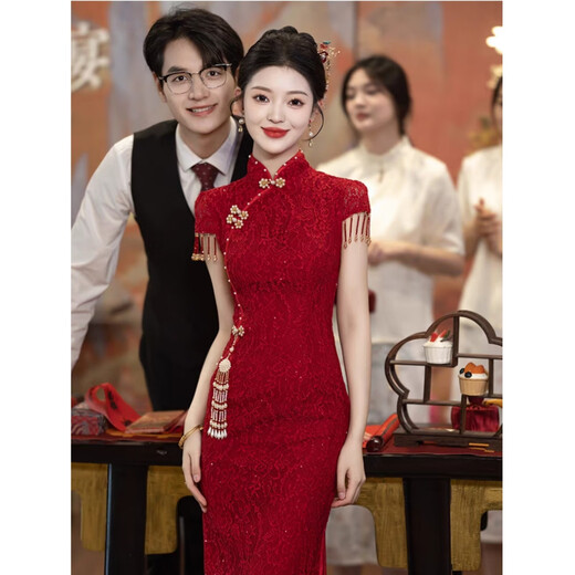Belaya New Chinese Style Engagement Dress Bridal Toast Wear Back Door Cheongsam Burgundy Dress Wedding Clothes Women Summer Burgundy S
