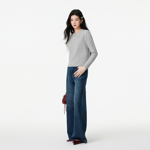FivePlus new fall and winter pullover sweater, feminine, lazy, slim, round neck, long-sleeved, warm sweater, gray, one size fits all