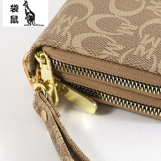 Kangaroo (KANGAROO) women's long wallet 2024 new European and American large capacity double zipper mobile phone bag mother clutch bag CM light coffee