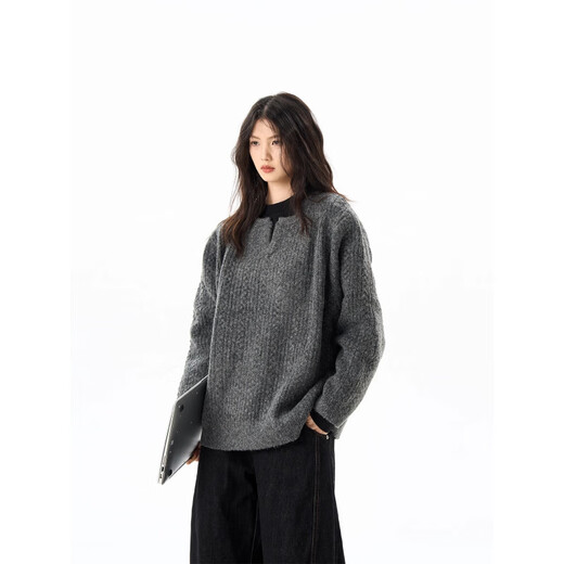 Leolite American retro twist design sweater men's lazy high-end Henry collar loose pullover sweater dark gray S