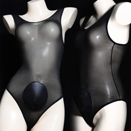 Pulian swimsuit for men and women stockings JJ set thin underwear sexy and interesting solid color silky tight high-cut one-piece black glitter silk high-cut triangle top opening