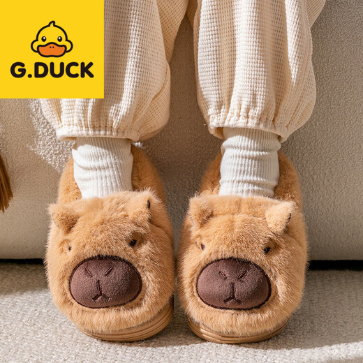 G.duck Capibala children's cotton slippers 2025 new spring, autumn and winter bag heel warm furry shoes for boys and girls indoor wear khaki 18 _19