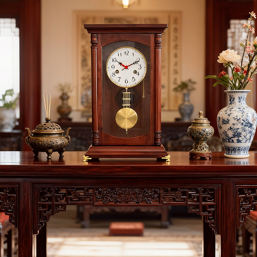 Honghe New Chinese Table Clock Copper Spring Movement Mechanical Table Clock Retro Simple Solid Wood Clock Time Living Room Ornament Toon Wood, New Gold Base 56cm Color Affected by Light Arabic Dial