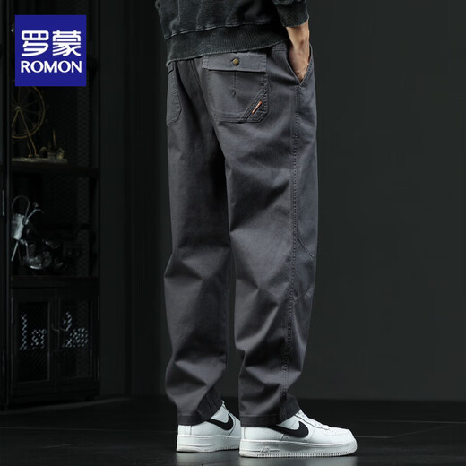 Luo Meng American retro overalls men's casual pants summer new versatile loose large size straight long pants men's pants dark gray XL 150-170Jin Jin equals 0.5 kg