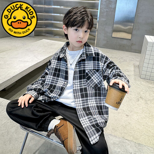 G.duck children's clothing boys' shirts spring and autumn 2025 new spring clothing big children plaid boys spring coat shirt trend black spring and autumn 120 cm