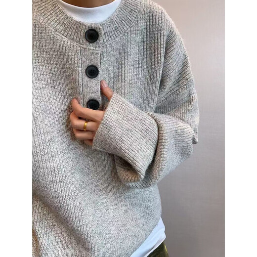Kerimcoro Sweater Men's 2025 Autumn and Winter Henley Collar Button Retro Versatile Heavyweight Light Gray Lazy Style Knitted Sweater Gray XL