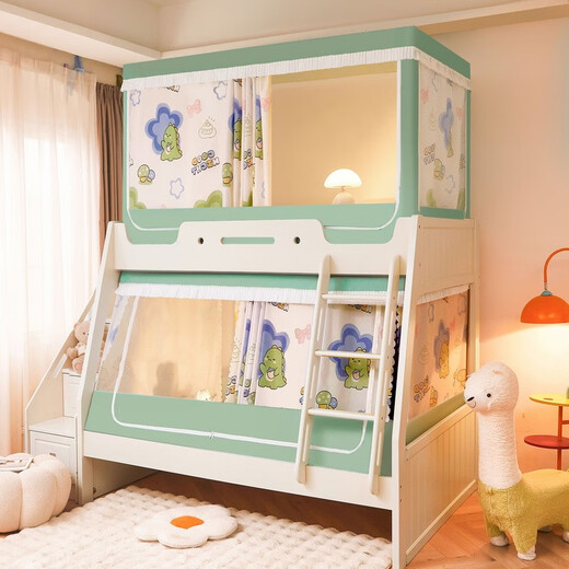 Fantasy blackout bed mosquito net upper and lower bunk trapezoidal upper and lower bed anti-fall pattern all-in-one dinosaur green bed curtain+mosquito net+bracket with bed curtain upper bunk 120 wide x 200 long three-door fully telescopic adjustable bracket