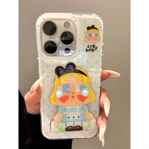Jisma Japanese and Korean cute ins polka dot blue skirt crying baby flip mirror suitable for 16promax new 15pro Apple phone case 14pro double layer 13 all-inclusive 11 anti-fall 12 soft plu polka dot blue skirt crying baby shell + mirror stand iPhone 16 pro