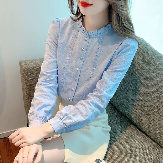Ling Yue fungus collar pure cotton long-sleeved shirt women's autumn 2025 new fashion age-reducing jacquard inner bottoming shirt top fashion white L recommended 105-114 Jin Jin equals 0.5 kg
