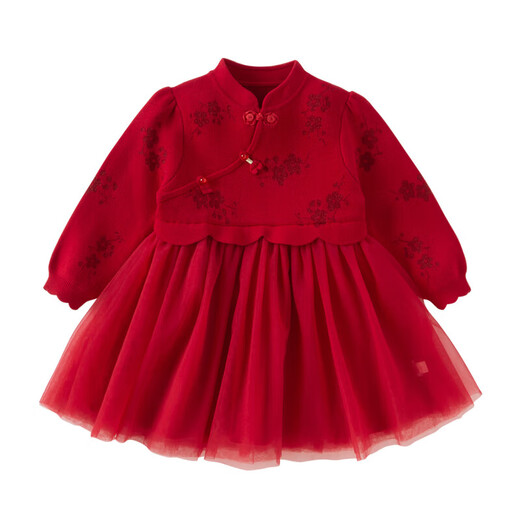 DAVE&BELLA Girls' National Style Dress Autumn and Winter Children's Style Mesh Dress Baby New Year's Dress