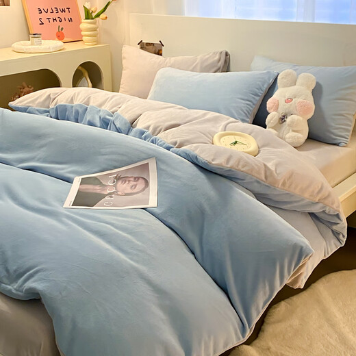 Antarctic quilt core + milk velvet four-piece set + pillow core Winter dormitory bedding and quilt complete set six-eight-piece set Baby blue + light gray 1.8m bed sheet seven-piece set = four-piece set + 6 Jin Jin equals 0.5 kg Quilt + pillow core 2 pieces
