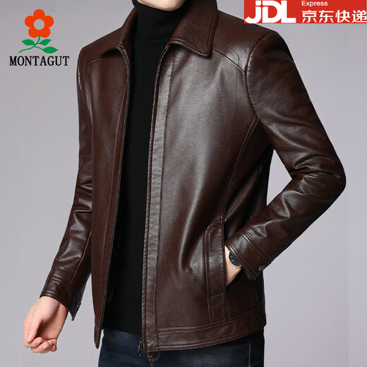 Montagut Men's Leather Jacket Spring Autumn Sheepskin Winter Genuine Leather Jacket Middle-aged Thickened Velvet Casual Jacket Dad Brown * Lapel * 1755 Velvet L 175 (Recommended 116-132 Jin Jin equals 0.5 kg)