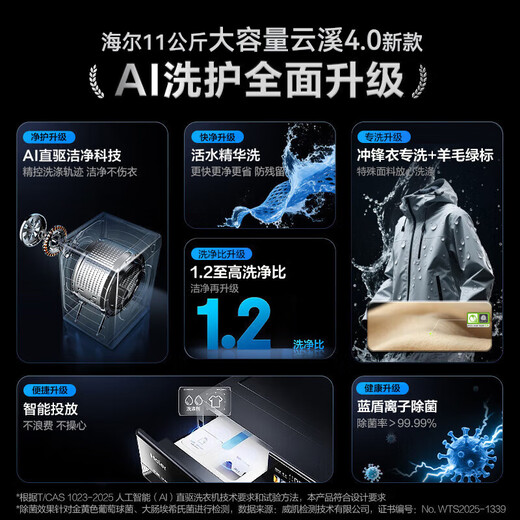 Haier Yunxi 4.0 77E drum washing machine fully automatic direct drive essence wash 2.0 ultra-thin flat-embedded wool green label certified first-class energy home appliance subsidy 11 kg 78E single wash | direct drive essence wash 2.0+1.2 wash ratio
