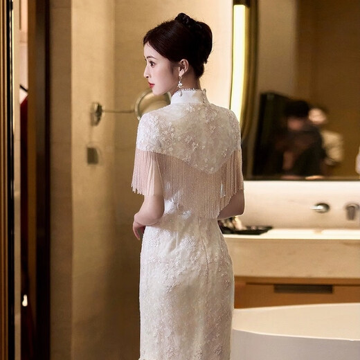 In the season, champagne-colored high-end dress, new Chinese-style engagement cheongsam, light luxury niche bride's toast dress, home-going out-of-house temperament, C89 latent pink 2XL