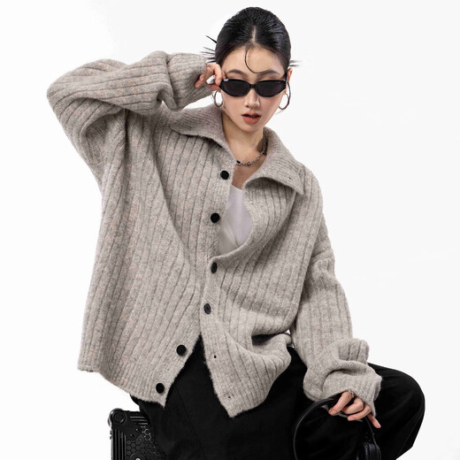 ICH MODE American old money style lapel knitted cardigan women's autumn and winter lazy sweater jacket loose top light gray S