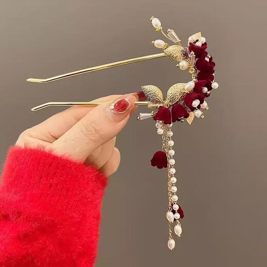 Qimei Lian gets married, her mother-in-law has a flower in her head, wedding banquet, updo hair ornaments, high-end temperament, new Chinese style cheongsam dress, horse face skirt, hair accessories, rose U-shaped hairpin