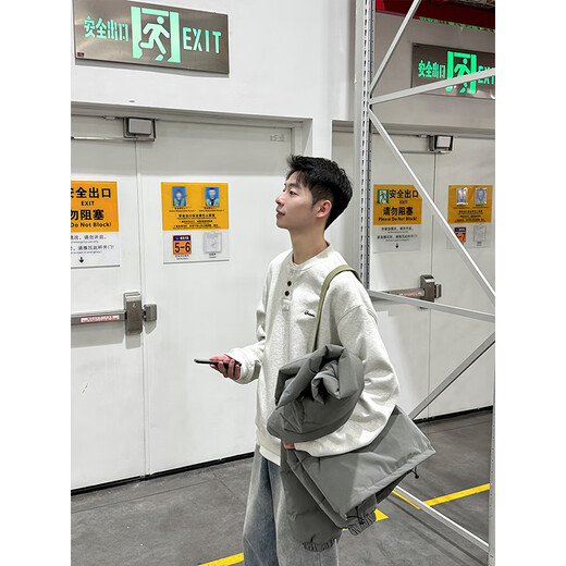 Qumile cleanfit Henry collar sweatshirt for men in spring and autumn, loose and trendy heavy-weight bottoming shirt, long-sleeved T-shirt with inner top, white gray XL recommended 120-140Jin Jin equals 0.5 kg