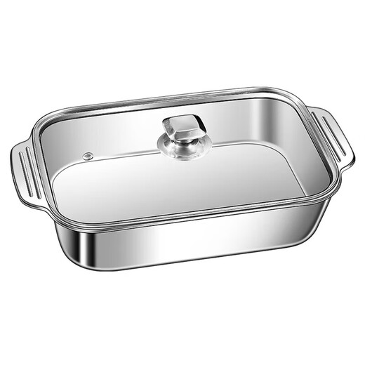 Stainless steel grilled fish plate with lid grill plate tray square plate barbecue grill grilled fish stove seafood plate kitchen storage basin 45*27*7.5CM deep style with glass lid