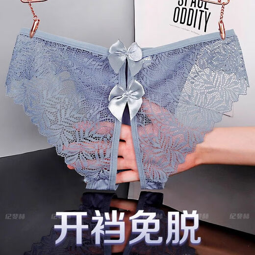 Crotchless underwear for women, high-end trendy lace, sexy husband bow, new underwear, transparent thong, white blue M