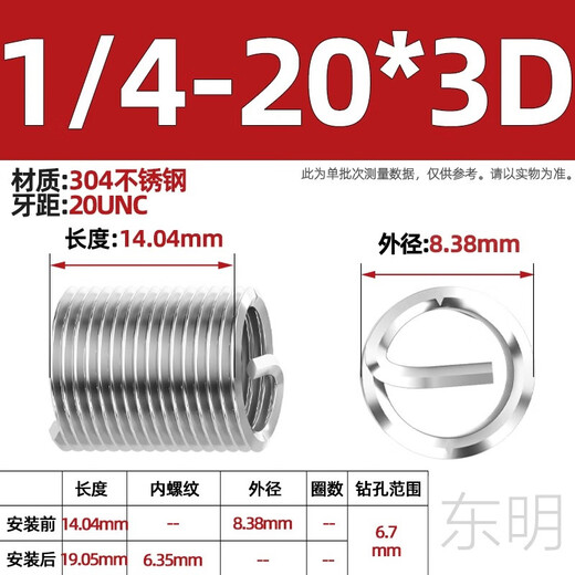 304 Stainless Steel British American Steel Wire Screw Braces Wire Sleeves Thread Protective Sleeve UNF6-3 UNC1/4-0 British 1/4-20 1d