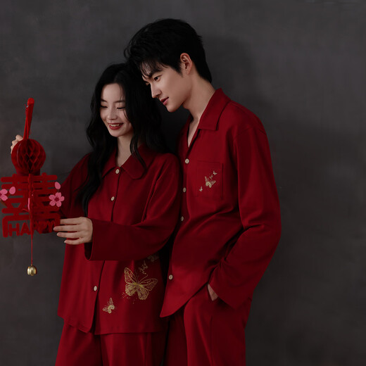 Xihong Couple Pajamas Spring and Autumn Pure Cotton Red Newlywed Wedding Set Large Size Couple's New Year's Eve Celebration 2215-2216 Gift Box Packaging 3XL Men's 170-200Jin Jin is equal to 0.5 kg