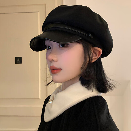 Beret women's 2025 new Maillard woolen newsboy hat octagonal hat autumn and winter PU hat retro painter #1098-black one size fits all (54-59cm)