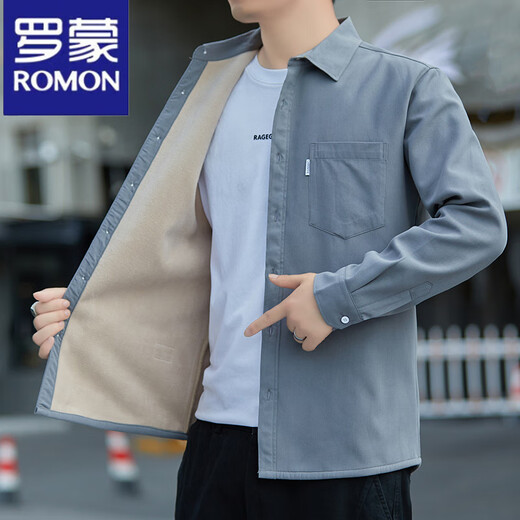 Luo Meng velvet shirt men's long-sleeved winter new pure cotton thickened warm shirt men's trendy fashion casual jacket men H268 gray velvet M 95-110Jin Jin equals 0.5 kg