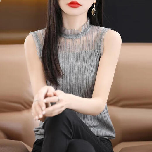 French Fashion Lace Collar Vest Women's Summer Mesh Half-Turtle Collar Bottoming Shirt Western Style Lace Inner Sleeveless Top White One Size Recommended 80-135 Jin Jin equals 0.5 kg