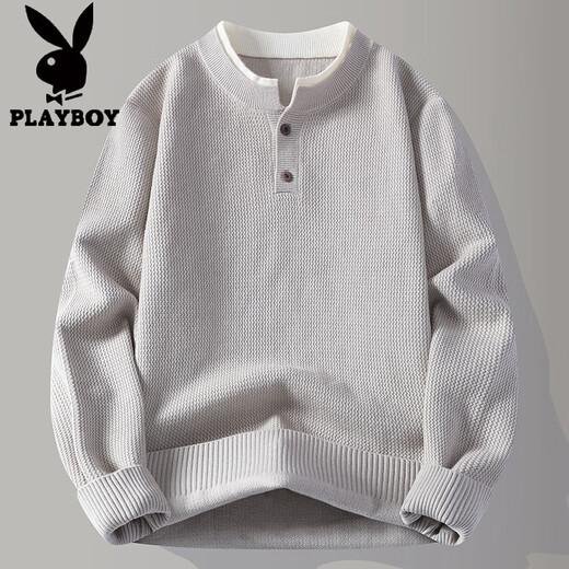Playboy (PLAYBOY) heavy fake two-piece sweater for men winter 2025 American retro sweater thickened warm henley collar sweater jacket light gray XL