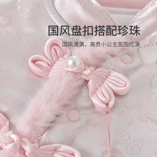 女宝宝国风连体衣秋冬款婴儿夹棉冬装哈衣新生儿衣服新款外出棉服 蝴蝶花礼服【粉色】 73cm