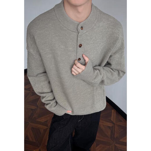 Semir old money style Henry collar sweater for men in spring and autumn, loose trendy heavyweight sweater, trendy brand-style youth jacket, light gray, light gray M