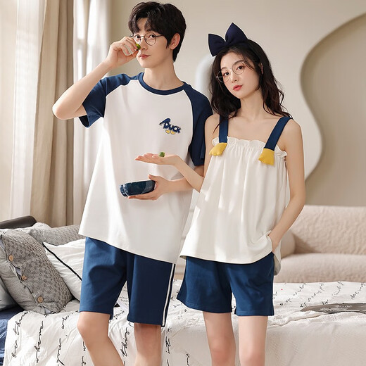 Daizixin 2 sets of couple pajamas for summer suspenders for women, two-piece set of pure cotton short-sleeved vest thin men's summer suit DD9906 Women L+ men's XXXL