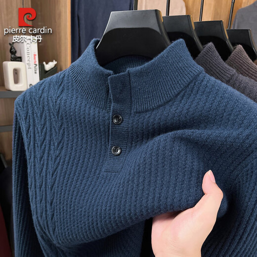 Pierre Cardin Knitted Sweater Men's Autumn and Winter Henley Collar Dad's Wear Men's Business Casual Loose Round Neck Solid Color Bottoming Shirt Warm Navy S 165