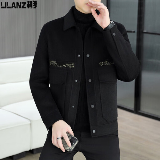 Lilang woolen woolen coat men's short double-sided woolen coat autumn and winter new high-end men's thickened woolen jacket black 4XL 195