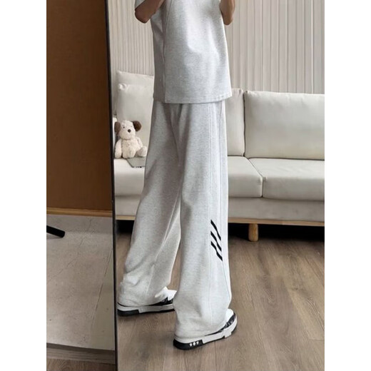 Cantu American retro three-stripe sports casual pants for men in autumn and winter trendy brand loose bootleg sweatpants high street scimitar pants white gray regular style XL