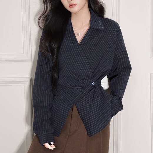 CHOCOOLATE it women's fashionable V-neck striped long-sleeved shirt women's autumn and winter new waist slimming design top navy blue S