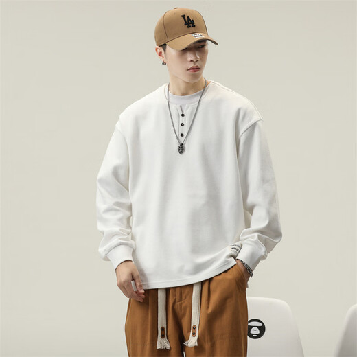 Kuraishi Kazuki autumn heavy cotton men's long-sleeved T-shirt loose large size American fashion brand casual Henry collar bottoming shirt sweatshirt black M suitable for 110-130Jin Jin equals 0.5 kg