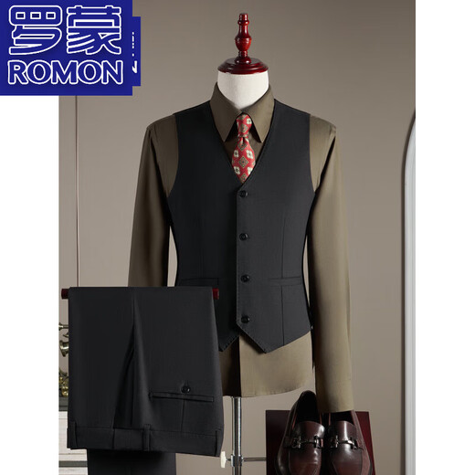 ROMON high-end wool suit men's no-iron groom's wedding dress British business formal small suit men's jacket black three-piece suit top + pants + vest 3XL 56 148-160Jin Jin equals 0.5 kg to wear