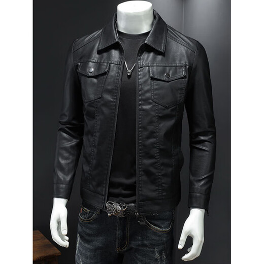 ARMANI EXCHANGE Armani black short leather jacket men's motorcycle style leather jacket fashion new autumn and winter retro lapel leather black plus velvet L 110-130Jin Jin equals 0.5 kg