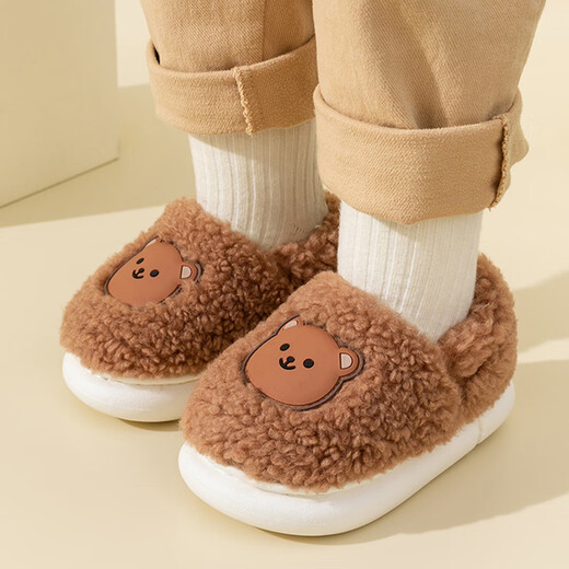 Yunshun children's cotton shoes winter style boys and girls home indoor non-slip warm plus plush fur shoes children baby cotton shoes coffee color 18-19 (shoe inner length 17cm)