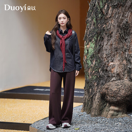朵以（Duoyi）2025冬季新款复古休闲慵懒撞色披肩深蓝色翻领宽松衬衫女 牛仔蓝 S