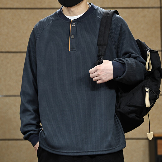 Yilang cool American classic textured striped sweatshirt for men 2025 autumn new trendy brand loose Henry collar long-sleeved bottoming shirt blue gray M suitable for 115-130Jin Jin equals 0.5 kg