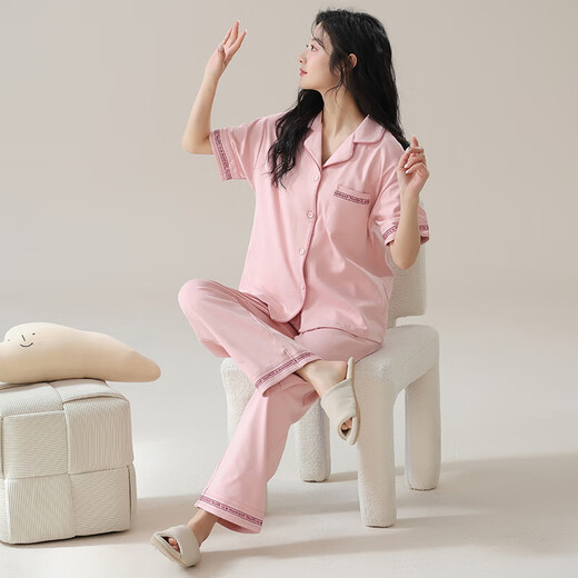 2025年新款睡衣女夏短袖纯棉套装开衫可爱夏长裤卡通休闲季家居服 9737 粉色 M 【80-100斤】