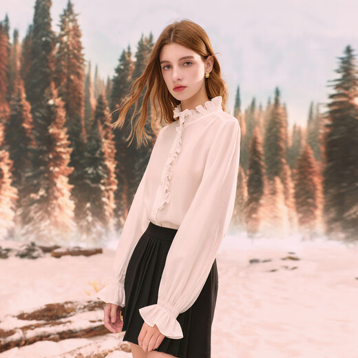 Sancai 2025 winter new style fungus edge stand collar shirt French style shirt for women