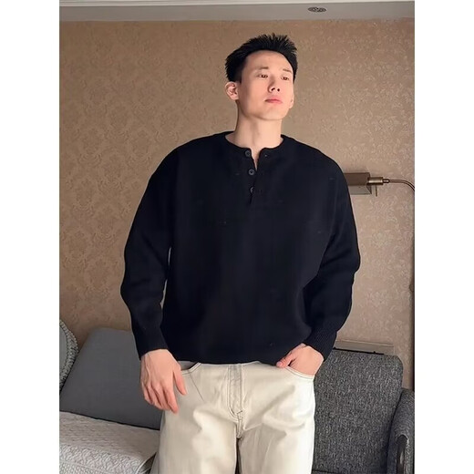 Japanese vintage Henry collar sweater for men and women autumn sweater business style bf retro pullover button knitted light gray M