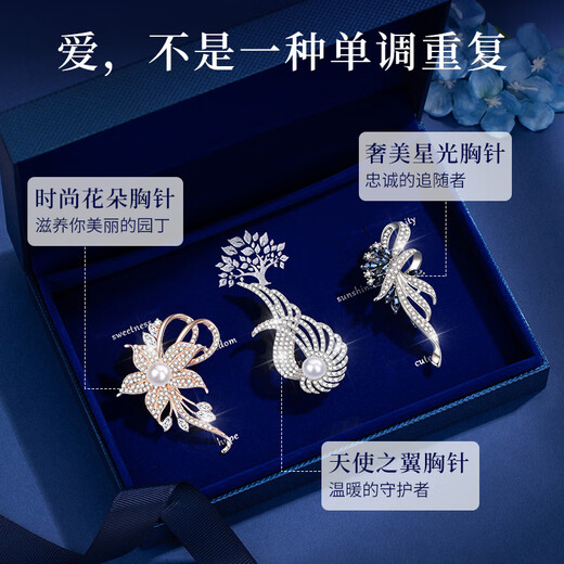 MOLADY Brooch Women's Three-piece Corsage Set Gift Box Light Luxury Best Friend Practical Birthday and Anniversary Gift for Girlfriend Gift Recommendation Three Team Outfits*Angel Wings Brooch*Jingsuda