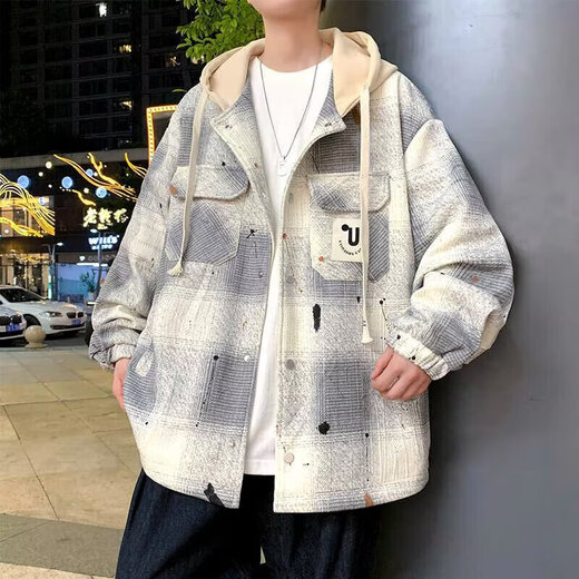 2025 Spring, Autumn and Winter New Plaid Jacket for Men and Teenagers Hooded Hong Kong Style Trendy Handsome Hooded Baseball Jacket Gray XL