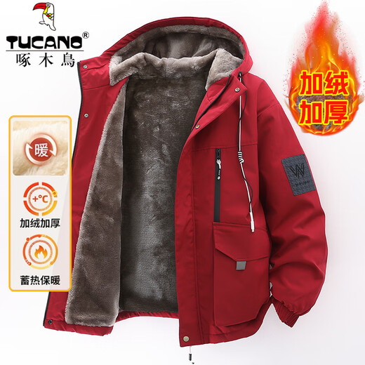 Woodpecker (TUCANO) Velvet Jacket Men's Autumn and Winter 2025 New Jacket Men's Thickened Cotton Clothes Loose Warm Cotton Jacket Coldproof Clothes 909 Gray Velvet Fashion & Warmth XL Recommended 140-160 Jin Jin equals 0.5 kg