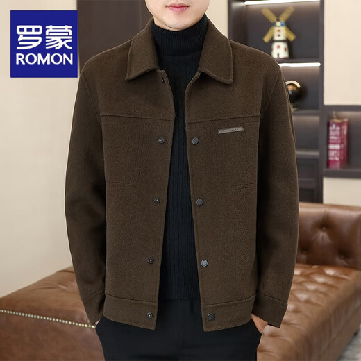 ROMON high-end lapel woolen coat men's short autumn and winter new Korean version slim double-sided woolen work jacket handsome coat coffee color M 170/48